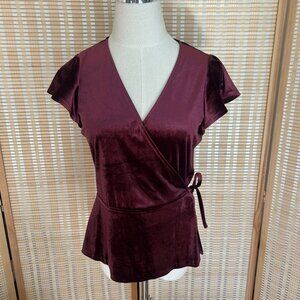 Banana Republic Burgundy Velvet Wrap Top W/ Flutter Sleeves Size S